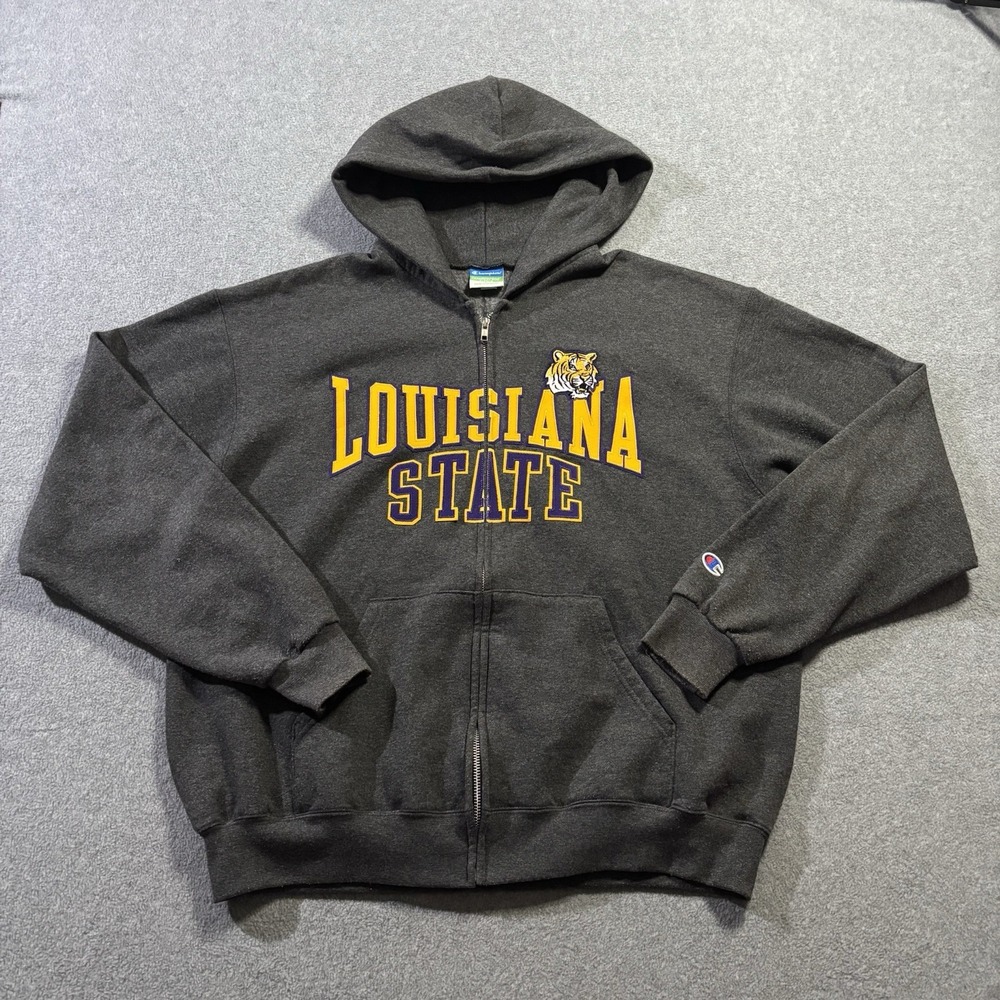 Champion LSU Tigers Eco Fleece Full Zip Hoodie Charcoal Gray Men's Size Large